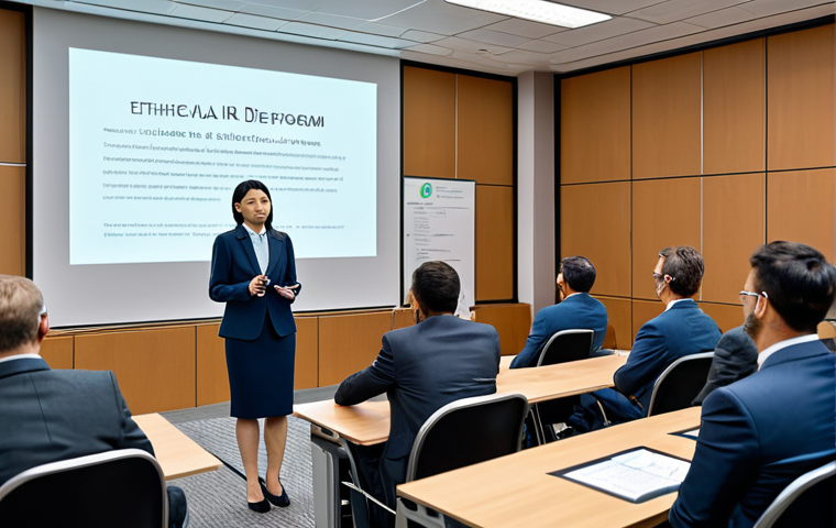 **
A professional AI ethicist giving a presentation at an AI Ethics Forum. The setting is a modern conference room, filled with attendees. She is wearing a modest business suit, fully clothed, and presenting slides on ethical AI development guidelines. Safe for work, appropriate content, perfect anatomy, natural proportions, professional setting.
**