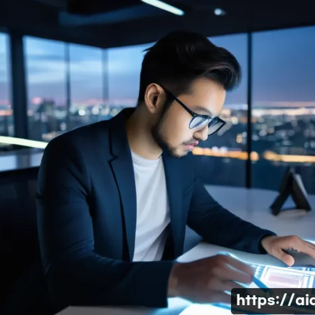 AI 개발자의 직무 특성 - A focused male AI developer, in his late 20s, wearing a smart casual outfit consisting of a dark bla...