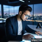 AI 개발자의 직무 특성 - A focused male AI developer, in his late 20s, wearing a smart casual outfit consisting of a dark bla...