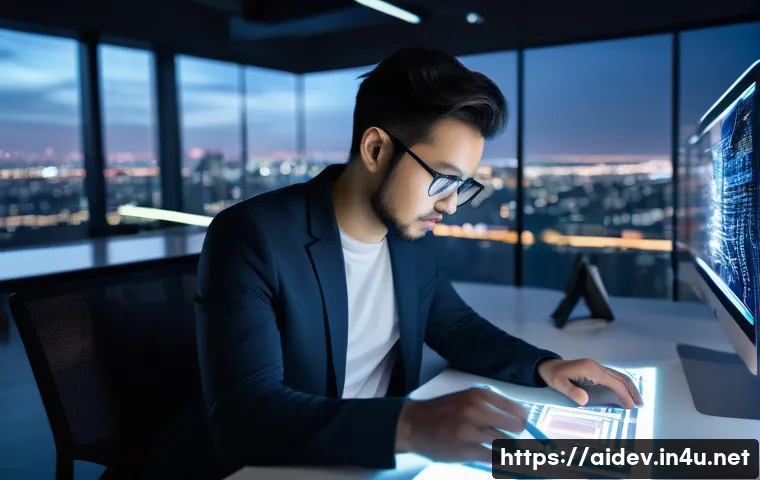 AI 개발자의 직무 특성 - A focused male AI developer, in his late 20s, wearing a smart casual outfit consisting of a dark bla...