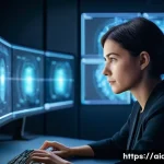 AI 개발자의 업무 일지 관리 - A focused female software engineer, mid-30s, with short, stylish hair, is deeply engrossed in design...