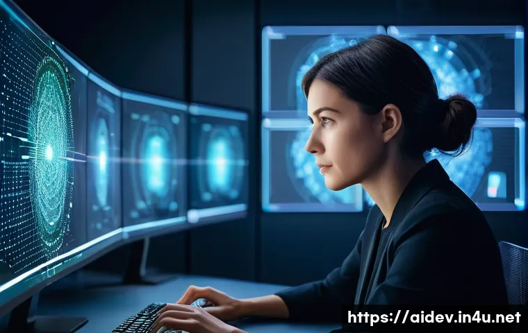 AI 개발자의 업무 일지 관리 - A focused female software engineer, mid-30s, with short, stylish hair, is deeply engrossed in design...